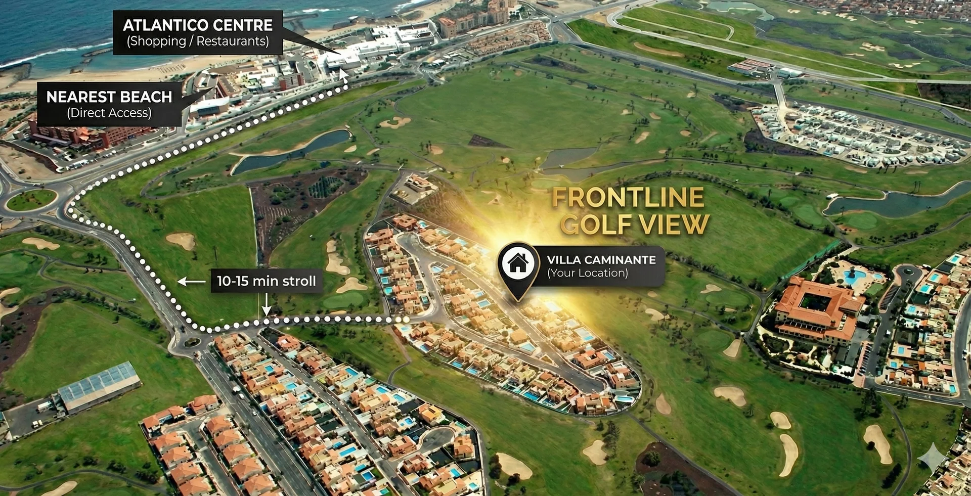 Villa Caminante aerial location map showing frontline golf course positioning, walking distance to Atlantico Centre shopping and restaurants, and nearby beach access in Caleta de Fuste, Fuerteventura